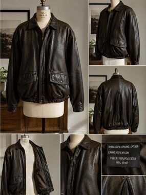 Vintage Oversized Genuine Leather Bomber Jacket Minimalist Brown Black